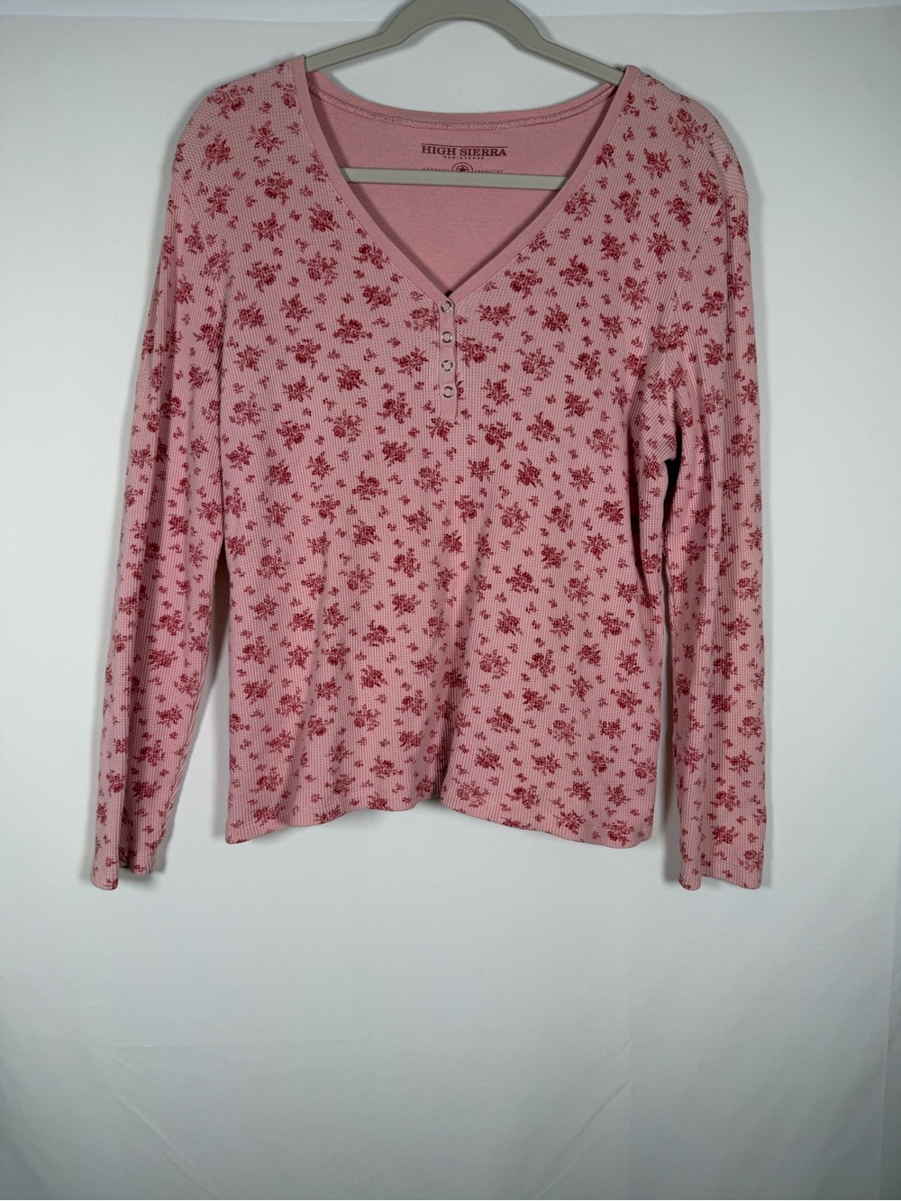 Vintage Y2K High Sierra Pink Floral Waffle Knit Henley Long Sleeve Top Thermal